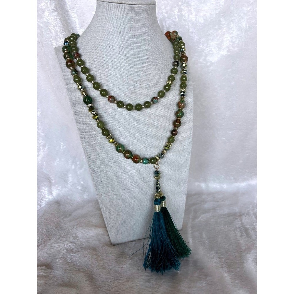 Long Beaded Glass Necklace Jasper Green Tassel Pendant Boho 46" Opera Flapper